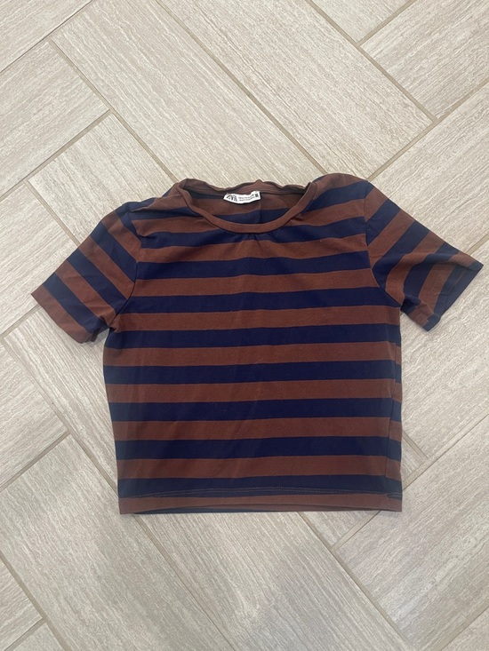 Zara Tops - Zara Brown & Navy Striped Short Sleeve Cropped Tee